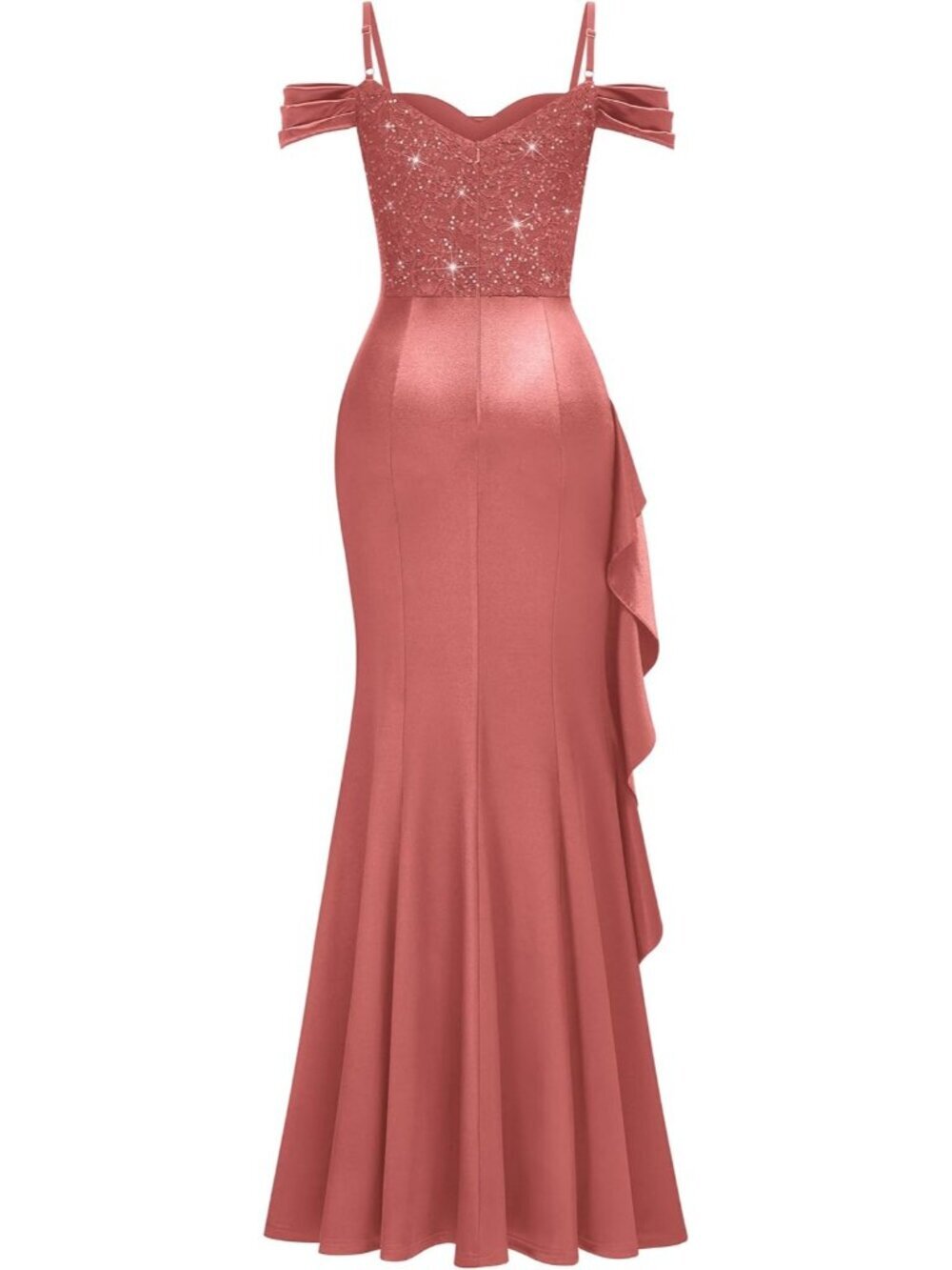 Women's Cinnamon Pink Off Shoulder Sequin Lace Bridesmaid Long Formal Maxi Dress - Picture 5 of 6